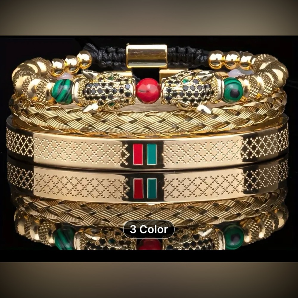 Bold 3-Piece Men's Gold & Black Leopard Bracelet Set